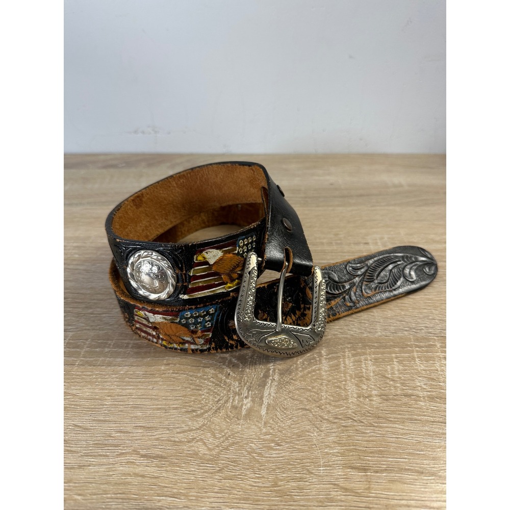 Vintage Western Tooled Leather Belt Eagle American Flag Concho Black 38 Inch